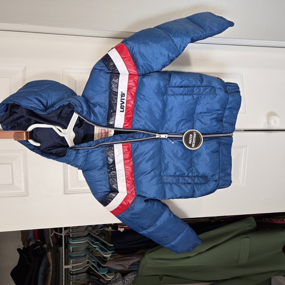 Levi's Blue Puffer Jacket with Red and White Stripes